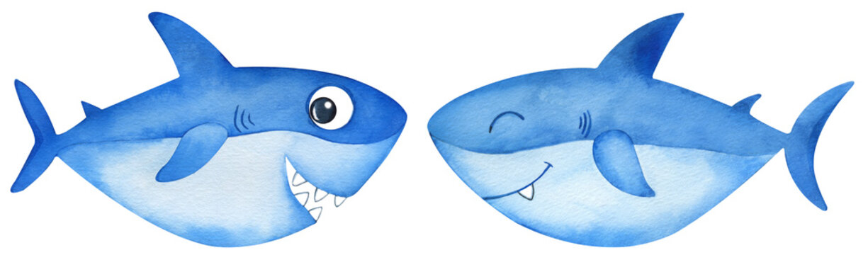 Watercolor cute blue baby sharks. Hand-drawn blue little sharks with an open mouth.