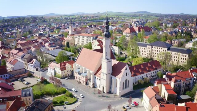 drone flight over Zittau city and church