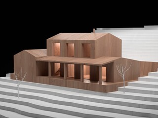 Architectural model of a wooden house with contour lines. 3d render.
