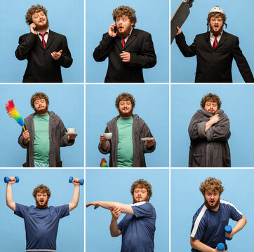 Collage of young man in different type of occupation isolated on blue background