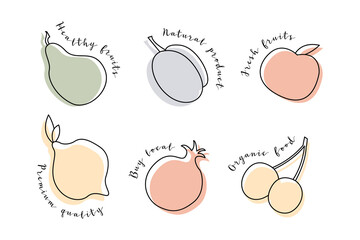 Juicy apple, plum, pear, lemon, lime, cherry, pomegranate. Fresh fruit, healthy organic food. Premium quality. Buy local product. Vector line illustration, icon. Perfect for logo, stamp, brand, mark