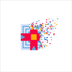 Pixel art tile disintegration into pixels, illustration for graphic design