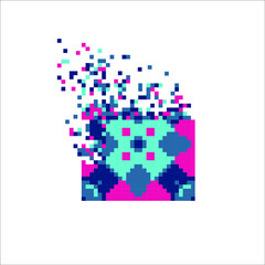 Pixel art tile disintegration into pixels, illustration for graphic design