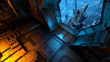 Science fiction scenery. Futuristic city landscape in blue colors. Spaceship interior design. 3D rendering © CROCOTHERY