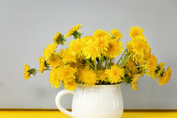 bright, beautiful, yellow dandelions in white mug. spring or summer yellow flowers on grey textured background. background with copy space. Ultimate Grey. Illuminating. Top view