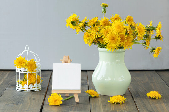 spring or summer composition of yellow flowers on gray background. bright, beautiful, yellow dandelions in vase and in small white cage on empty molbert wooden table. Ultimate Grey. Illuminating.