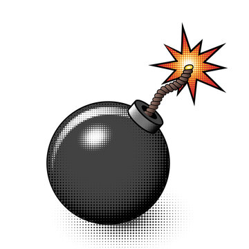 Bomb icon in cartoon comic style with burning fuse and halftone on white background. Isolated vector illustration