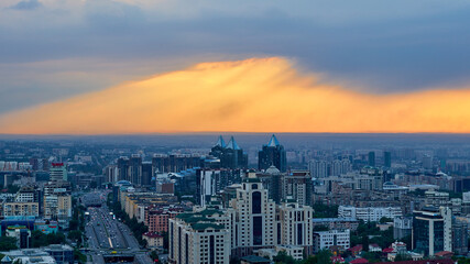 panoramic sunset view of the Almaty city, Kazakhstan