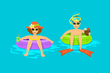 Funny man and woman , couple floating on the beach, pool in inflatable rings tubes, drinking coconut exotic cocktails, enjoying vacations holidays, summer time