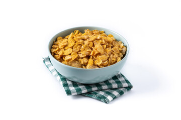 Corn flakes in a blue bowl isolated on white background