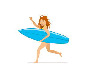 happy funny woman surfer running with surfboard isolated