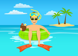 Obraz na płótnie Canvas funny guy with coconut coktail and snorkeling mask floating on inflatable inner ring in tropical ocean water, happy summer vacations vector illustration