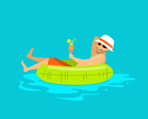 happy guy floating in inflatable ring in the swimming pool, drinking cocktail, enjoying summer time, vacation, holidays
