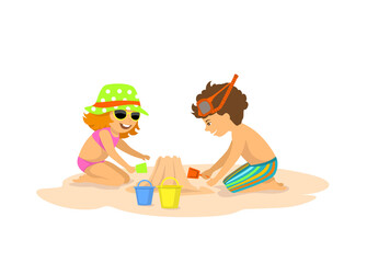 children, boy and a gilr building, making sand castle on the beach