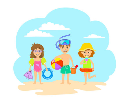 cute children standing on the beach, summer time fun