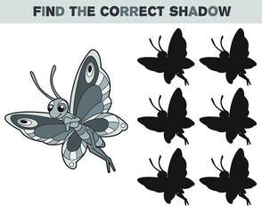 Cartoon illustration of butterfly. Find the correct shadow. Black and white cartoon vector illustration. Educational game for children.