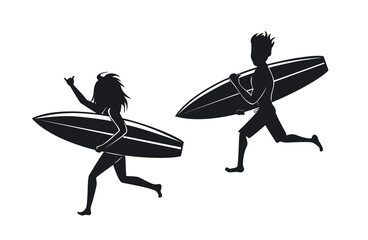 man and woman surfers running with surfboard  silhouettes