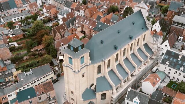 Aerial view of Mechelen city, Belgium. Orbiting shot