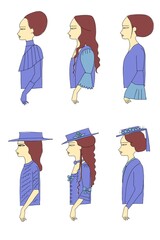 紫のドレスを着た横向きの女性6人のイラスト