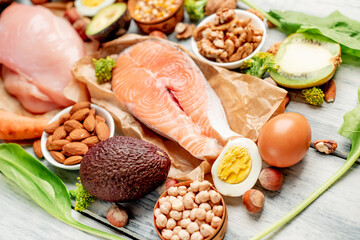 Natural, protein-rich food on a wooden background. Healthy food concept
