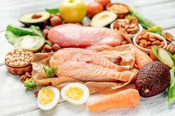 Natural, protein-rich food on a wooden background. Healthy food concept

