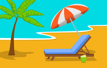 summer beach time vacation background with umbrella, sun lounge chair and palm tree at seaside