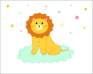 Cute cartoon lion on the cloud surrounded by stars