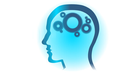 Gears spin in a person's head and numbers appear. 4K animation. The digital brain offers data. Illustration of the thought process. Digital transformation/ 4k video animation.