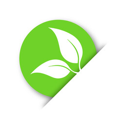 Sticker, icon, round volumetric green badge with a plant leaf. Bio friendly organic product. 