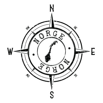 Norway Stamp Map Compass Norge Adventure. Illustration Travel Country Symbol. Seal Expedition Wind Rose Icon.