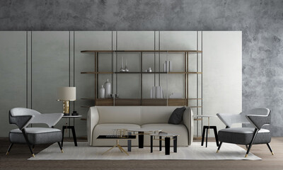 The interior mock up and decoration furniture of living room and wall texture background, 3D rendering