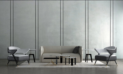 Minimal interior mock up and decoration furniture of living room and concrete wall texture background, 3D rendering