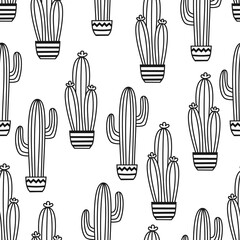 Seamless pattern with potted cactus Vector outline illustration drawings For design packaging, textile, background, design postcards and posters