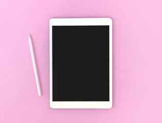 Tablet mockup screen with stylus pencil for drawing and artist, colorful pink background, copy...