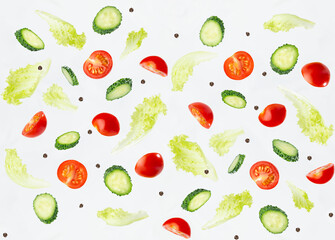Wellness seamless food pattern - slices cherry tomato, cucumber and green salad as flying levitate flow on white background.