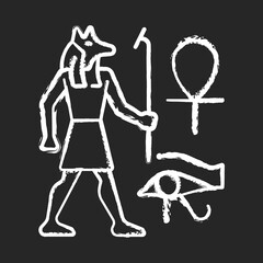 Egyptian wall drawings chalk white icon on black background. Mural painting. Walls decoration with reliefs. Depicting ancient egyptians daily living. Isolated vector chalkboard illustration
