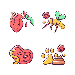 Biological waste RGB color icons set. Animal waste that pollutes environment. Parasites spreading dangerous diseases and illnesses. Isolated vector illustrations