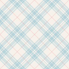 Plaid pattern check for spring in soft blue, pink off white. Seamless simple tartan plaid vector graphic for tablecloth, picnic blanket, duvet cover, other modern fashion or home textile print.