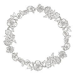 Elegant vintage wreath with lilac blossom and meadow flowers - hand-drawn lines in vector. Maybe use for wedding invitation, card design, textile.