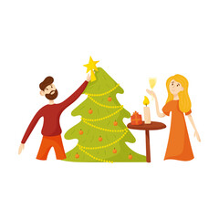 Flat people decorating the Christmas tree.