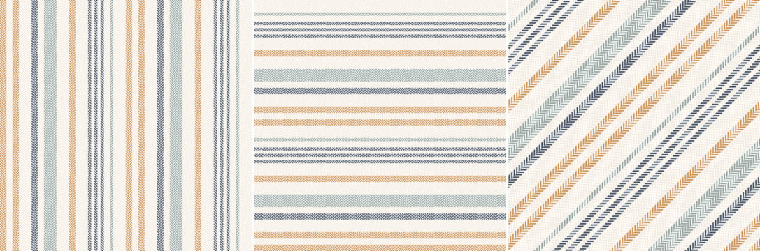 Stripe pattern seamless design in blue, green grey, gold brown, beige. Herringbone textured stripes for spring summer autumn linen or cotton dress, skirt, shirt, other modern fashion fabric print.
