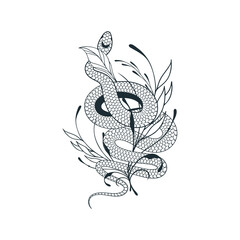Hand drawn vector isolated illustration of celestial animal. Mystical snake with floral branches and leaves. Spiritual tattoo.
