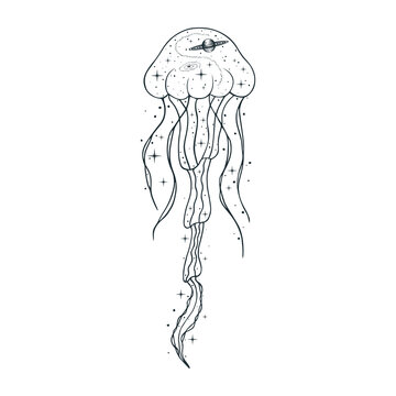 Hand drawn vector isolated illustration of celestial jellyfish. Mystical animal with galaxy, stars, constellations, moon and planets.