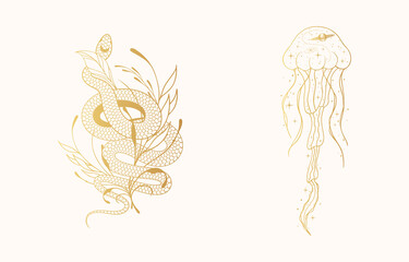 Hand drawn vector isolated illustration of golden  celestial jellyfish. Mystical snake with floral branches and leaves in gold color.