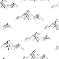 Seamless pattern with vintage mountains. Wanderlust background for textile. Vector isolated landscape texture.