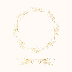 Vector isolated golden elegant leaf border. Flourish frame and divider. Gold floral wreath for wedding card.