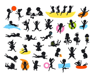 silhouettes set of summer time children on the beach swimming diving jumping playing ball, making of sand castle, snorkeling, sliding on tubes, floating on inflatable mattress and rings, running