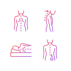 Poor posture problems gradient linear vector icons set. Normal spine. Slouching. Side-lying sleeping position. Thin line contour symbols bundle. Isolated vector outline illustrations collection