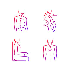 Bad posture problems gradient linear vector icons set. Uneven hips and shoulders. Swayback posture. Muscle spasms. Thin line contour symbols bundle. Isolated vector outline illustrations collection