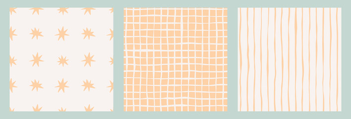 Minimalist contemporary boho patterns with hand drawn doodle prints with mesh, stars, lines or strokes. Abstract trendy seamless patterns in retro style for wrapping paper, covers and fabric. © AutumnStudio